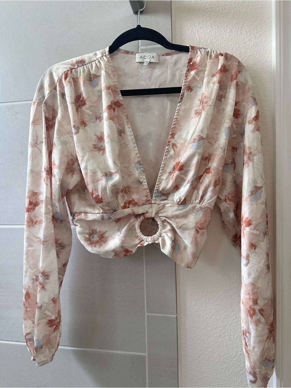 ACOA Blush Rose Floral Satin Cropped Tie-Front Top